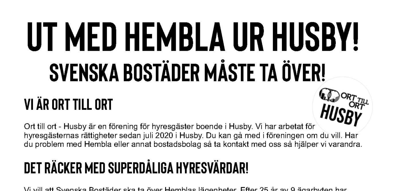 Nytt flygblad: Ut med Hembla ur Husby